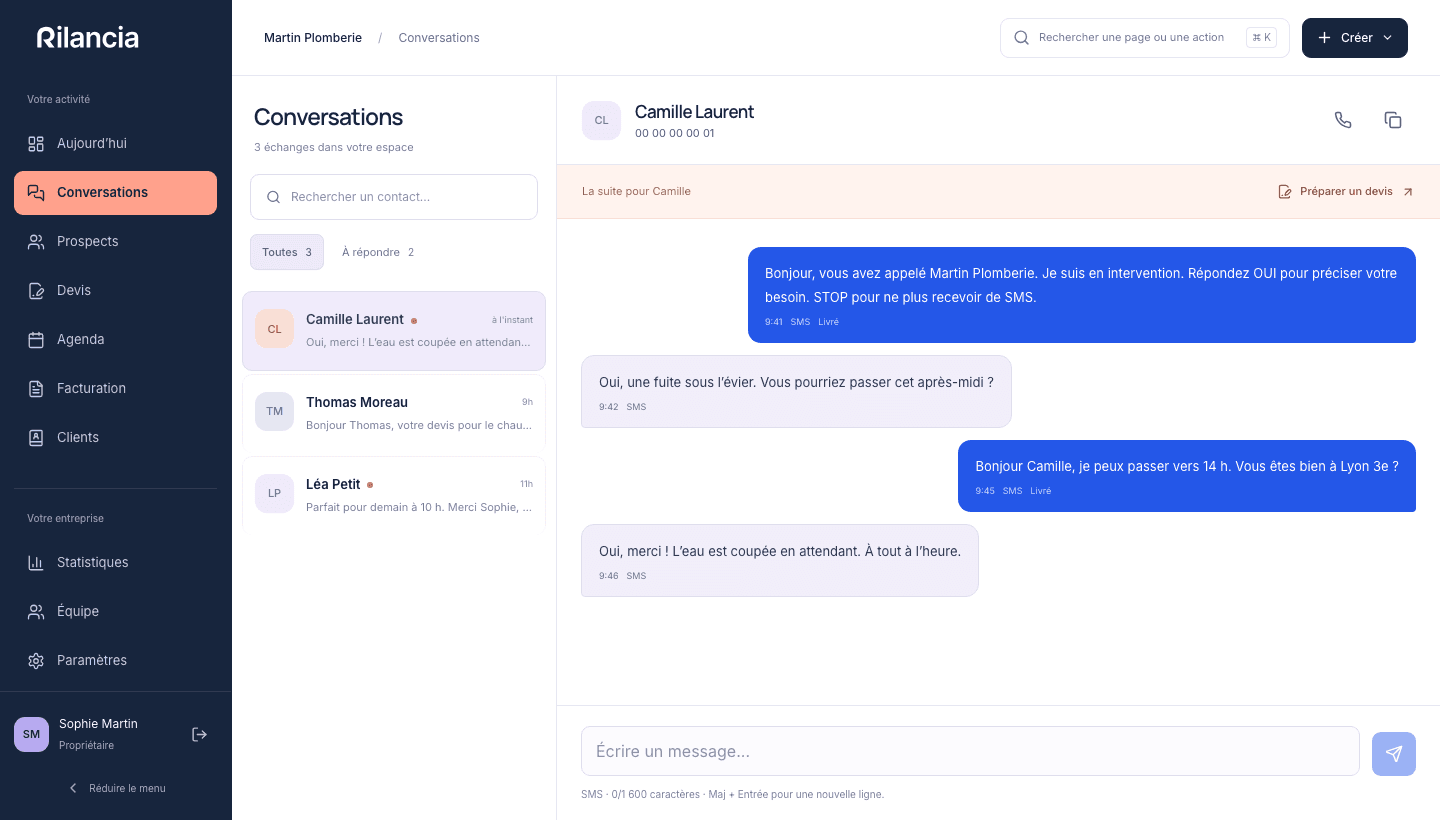 Écran Conversations du SaaS Rilancia, avec les données fictives de Martin Plomberie